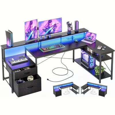 BEXEVUE Carbon Fiber Computer Desk L Shaped With Drawers - 65" Gaming Desk With Power Outlets And LED Strips, Large L Shaped Corner Table With Monitor Stand, Home Office Desk For Corner Space