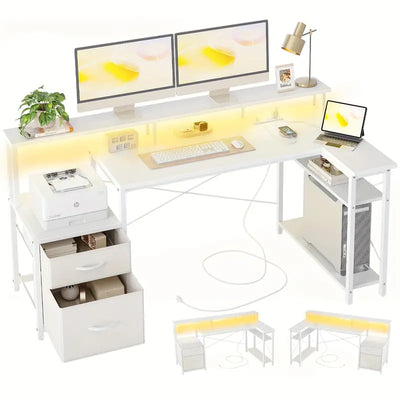 BEXEVUE White Computer Desk L Shaped With Drawers - 65" Gaming Desk With Power Outlets And LED Strips, Large L Shaped Corner Table With Monitor Stand, Home Office Desk For Corner Space