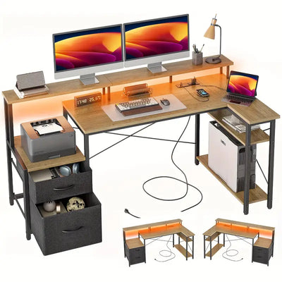 BEXEVUE Brown Computer Desk L Shaped With Drawers - 65" Gaming Desk With Power Outlets And LED Strips, Large L Shaped Corner Table With Monitor Stand, Home Office Desk For Corner Space