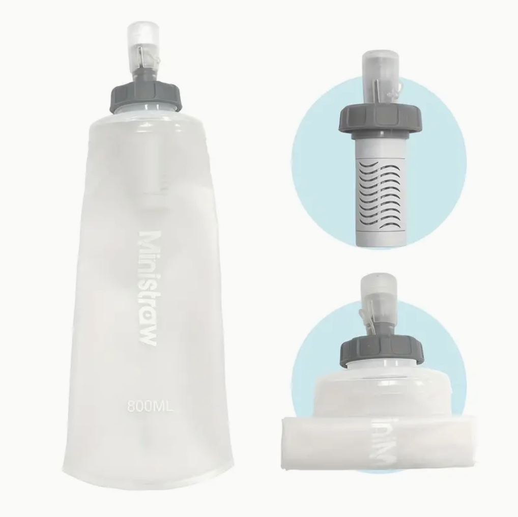 Ministraw Collapsible Filter Bottle - 27.05oz, Portable Water Bottle with Filter, BPA-Free Silicone, Ideal for Camping, Hiking, and Survival