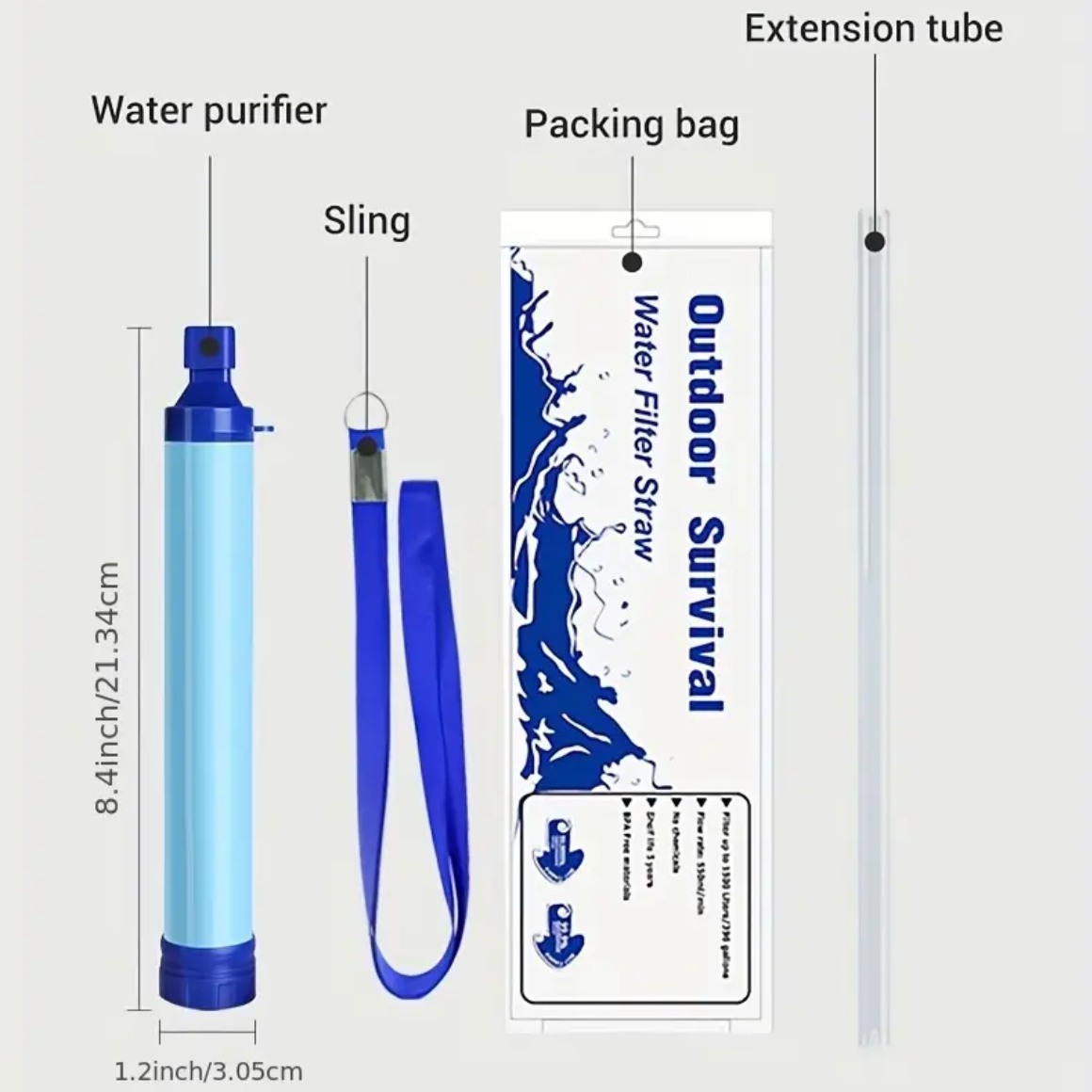 Outdoor Survival Filter Straw - Water Purification Tool, Suitable For Mountain Spring Water, Stream Water, Tap Water, Rainwater, Lakes And Other Water Sources