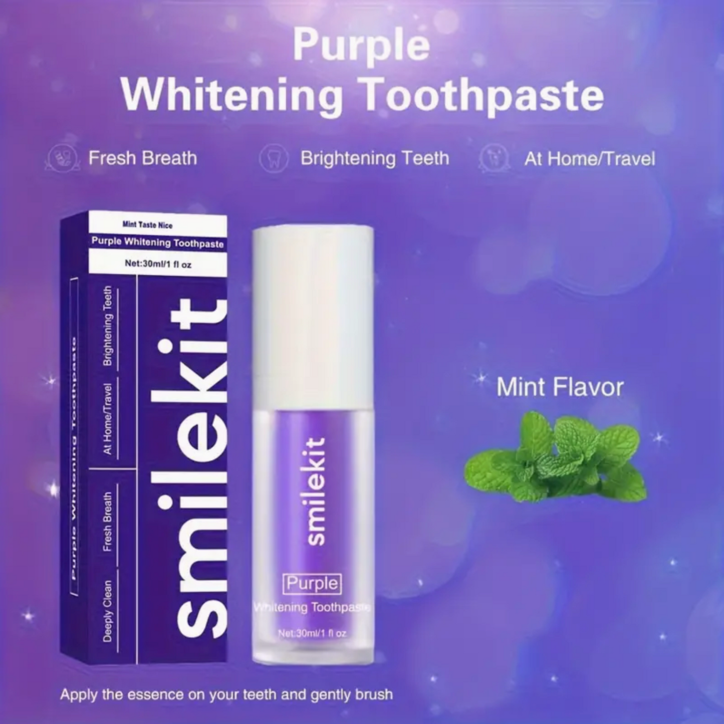 Smilekit Purple Whitening Toothpaste - 30ml Deep Clean & Fresh Breath, Mint Flavor, Gentle On Gums, Portable For Travel