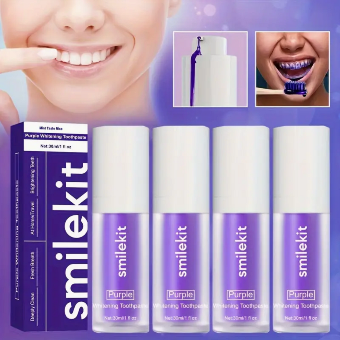 Smilekit Purple Whitening Toothpaste - 30ml Deep Clean & Fresh Breath, Mint Flavor, Gentle On Gums, Portable For Travel