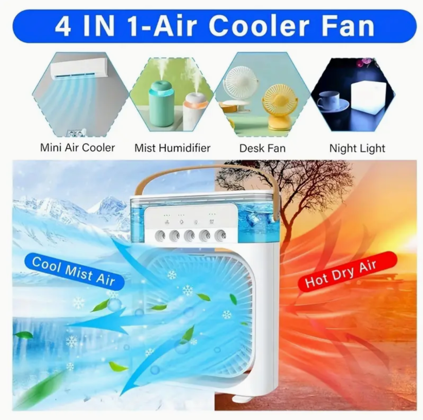 Portable 4 In 1 Cooling Fan - Small Portable AC Quiet Personal Air Cooler, USB Powered Mini Desktop Cooling Misting Fan, 1/2/3Hr Timer, 3 Speeds, 360° Adjustment, For Office, Home, Room, Desk, Car