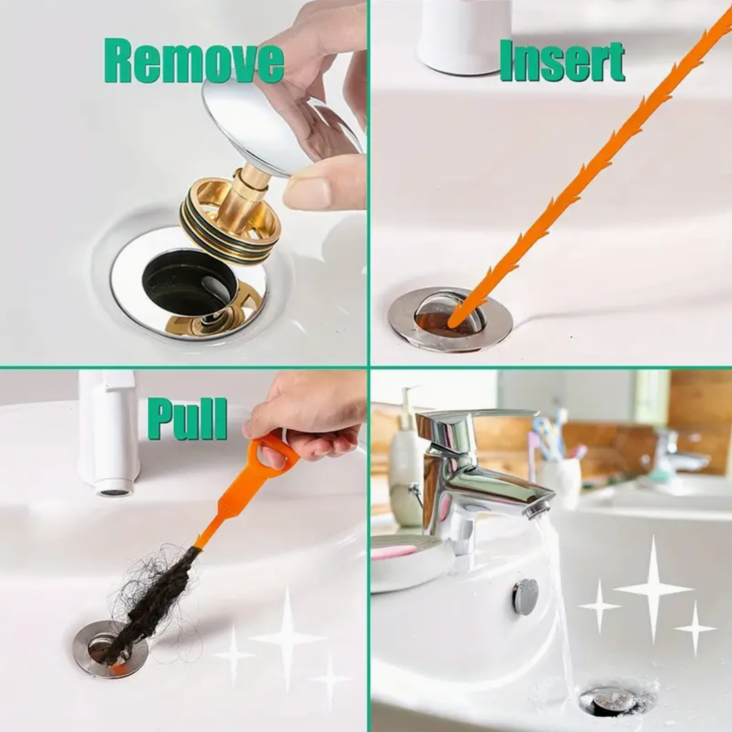 Drain Snake Hair Clog Remover (5 Pack) - Orange Drain Cleaner Tool for Sink Shower Bathtub Tub