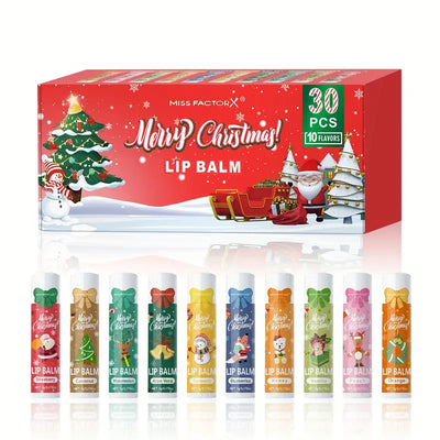 Miss FactorX Festive Christmas Lip Balm - 30 PCS,  Natural Oil-Based, Suitable For All Skin Types, Soothing Shea Butter And Vitamin Rich Extracts For Hydration And Color Boost