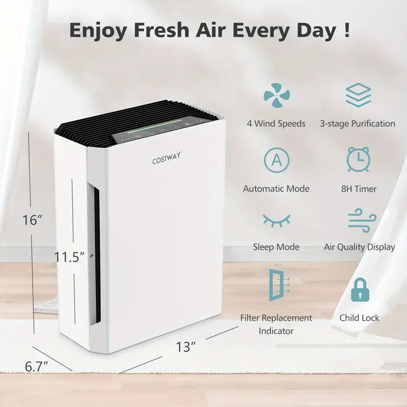 COSTWAY H13 True HEPA Air Purifier - Portable Air Cleaner With Adjustable Wind Speeds