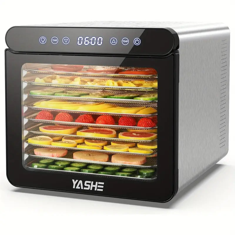 YASHE Food Dehydrator Machine - 9-Tray Dehydrator for Food and Jerky, Herbs, Veggies, Fruits, Up to 75℃ Temperature & 48Hr Timer, 9 Stainless Steel Trays, 9 Mesh Trays, 1 Fruit Roll Tray, 800W