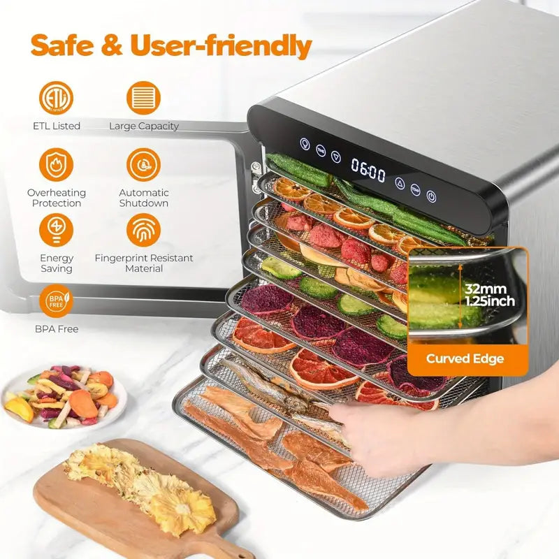 YASHE Food Dehydrator Machine - 9-Tray Dehydrator for Food and Jerky, Herbs, Veggies, Fruits, Up to 75℃ Temperature & 48Hr Timer, 9 Stainless Steel Trays, 9 Mesh Trays, 1 Fruit Roll Tray, 800W