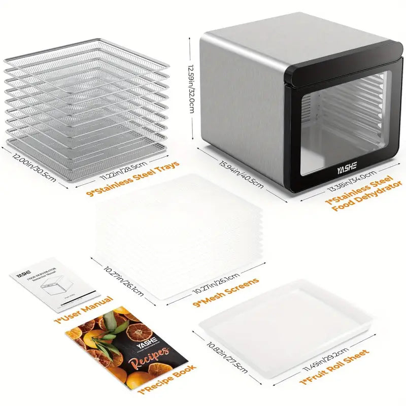 YASHE Food Dehydrator Machine - 9-Tray Dehydrator for Food and Jerky, Herbs, Veggies, Fruits, Up to 75℃ Temperature & 48Hr Timer, 9 Stainless Steel Trays, 9 Mesh Trays, 1 Fruit Roll Tray, 800W