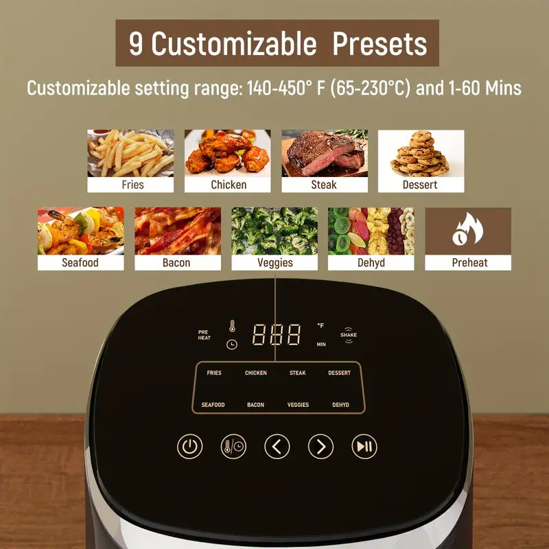 FABULETTA Air Fryer 4.2Qt - 9 Customizable Smart Cooking Programs, Shake Reminder, 450°F Digital Airfryer, Tempered Glass Display, Nonstick & Dishwasher-Safe Basket