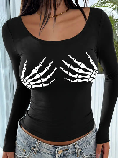 Women's Halloween Skeleton Hand Print Long Sleeve T-Shirt - Stretchy, Sexy Round Neck Top For Casual Wear