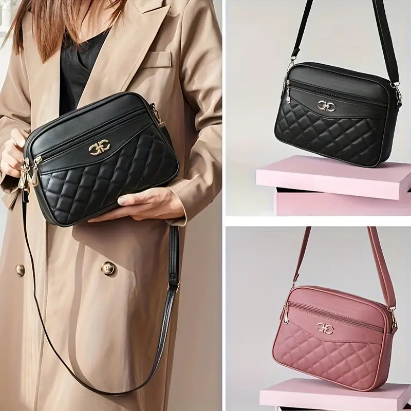 Elegant Quilted Crossbody Shoulder Bag - Women's Casual Solid Color Handbag, With Adjustable Strap