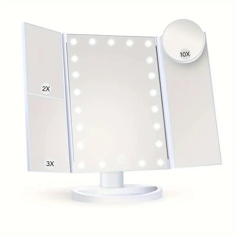 Makeup Mirror Vanity Mirror With Lights - 2X, 3X, 10X Magnification, Lighted Makeup Mirror, Touch Control, Trifold Makeup Mirror, Dual Power Supply, Portable LED Makeup Mirror, Women Gift