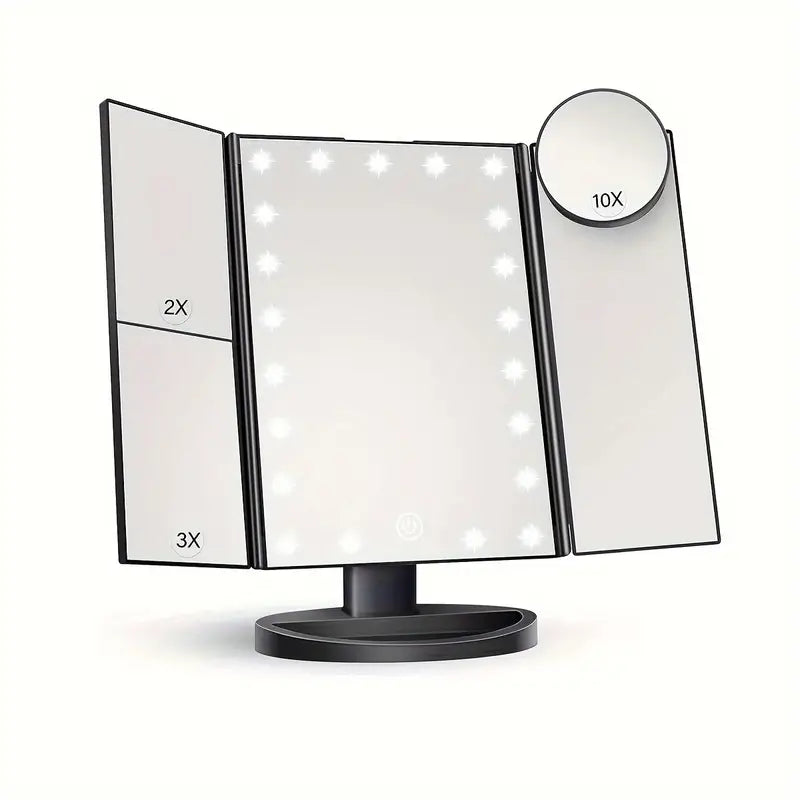 Makeup Mirror Vanity Mirror With Lights - 2X, 3X, 10X Magnification, Lighted Makeup Mirror, Touch Control, Trifold Makeup Mirror, Dual Power Supply, Portable LED Makeup Mirror, Women Gift