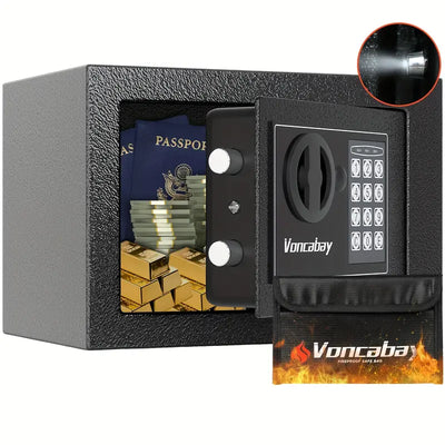 Voncabay Money Safe Box For Home With Sensor Light & Fireproof Money Bag For Cash Safe, Security Safe Box For Money Safe With Keys & Pass Code, Lock Box Fireproof Safe With Digital Keypad