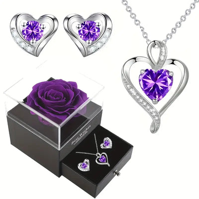 Eternal Heart Shaped Rose Jewelry Set - With Elegant Necklace & Earrings, Perfect Gift For Mom, Wife, Daughter On Mother's Day, Valentine's, Anniversary, Birthday, Wedding