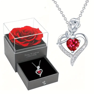 Eternal Rose Gift Box Heart Shaped Pendant Necklace - I Love You Jewelry Gift For Mom, Wife, Lover, Daughter, Girlfriend, Best Friend