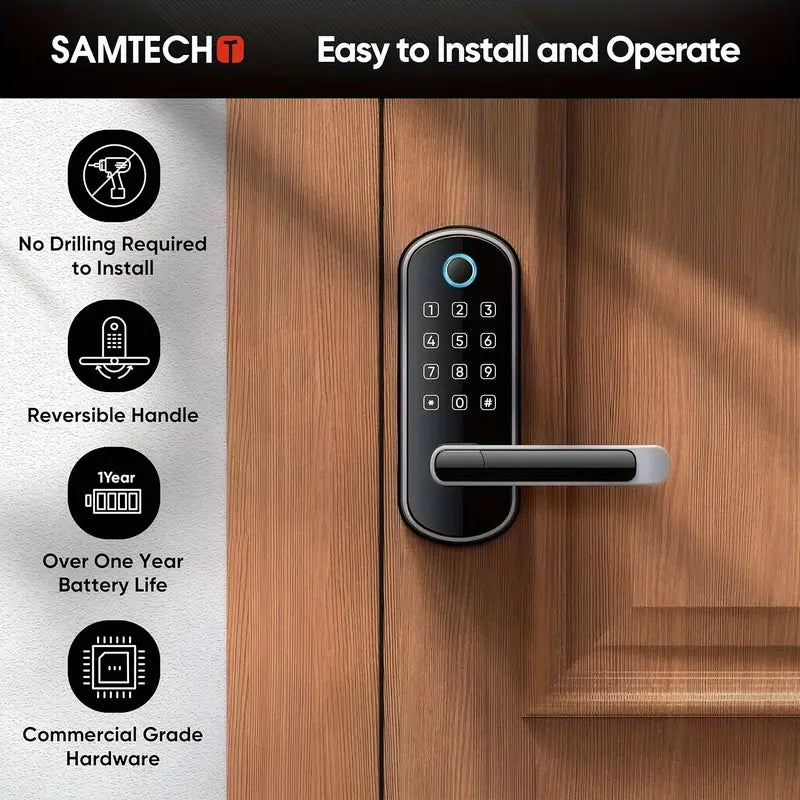 SAMTECHT Smart Home Door Lock With Keypad - Fingerprint Lock with Handle, Keyless Entry Door Lock For Front Door, Digital Door Lock, WiFi Door Lock With APP, Generate Passcode Remotely, DIY Installation