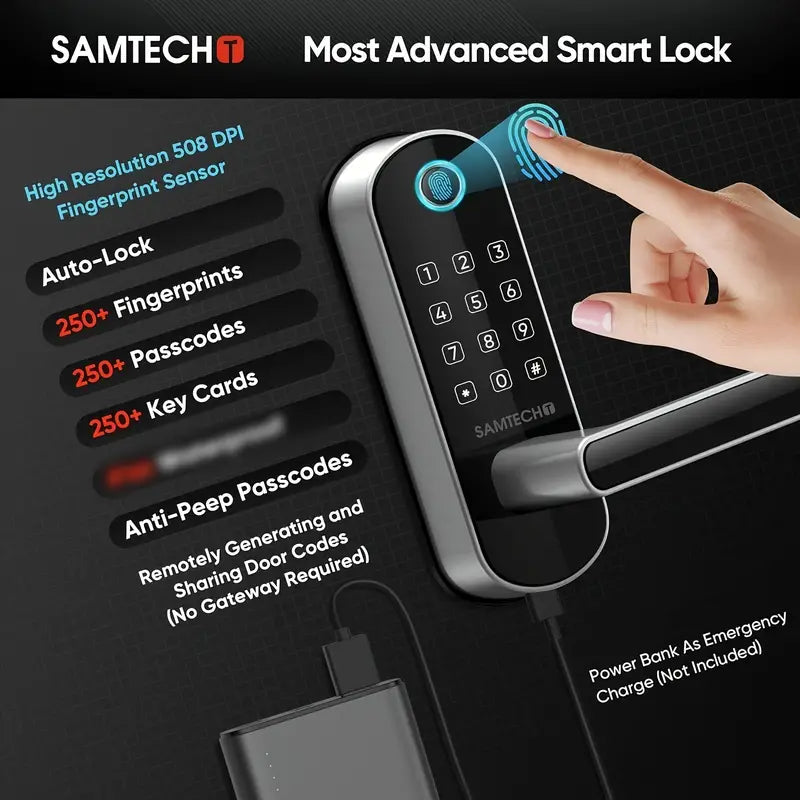 SAMTECHT Smart Home Door Lock With Keypad - Fingerprint Lock with Handle, Keyless Entry Door Lock For Front Door, Digital Door Lock, WiFi Door Lock With APP, Generate Passcode Remotely, DIY Installation