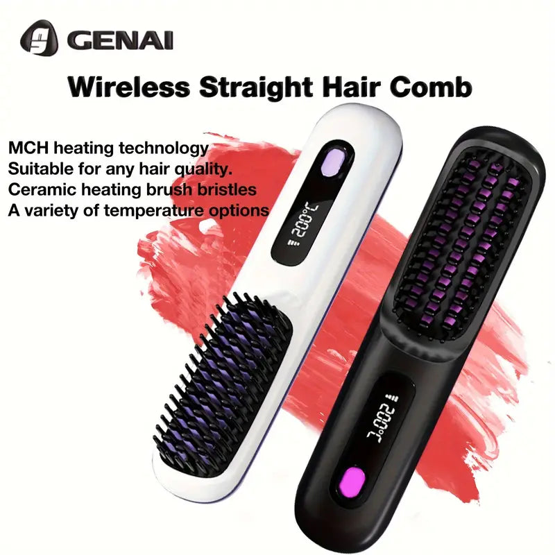 GENAI Portable Cordless Hair Straightener Brush - LED Display, Lightweight Mini Negative Ion Hot Comb, USB Rechargeable Travel Essential Gift For Women, Anti-Scald Protection