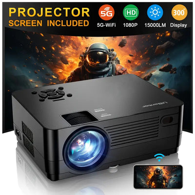 UBantor 5G WiFi BT Native 1080P Projector - Projector Screen And Bag Included, 300" Display Support 4k Home Theater, Compatible With IOS/Android/XBox/TV Stick/HDTV, Suitable For Family Dinner, Birthday Gifts