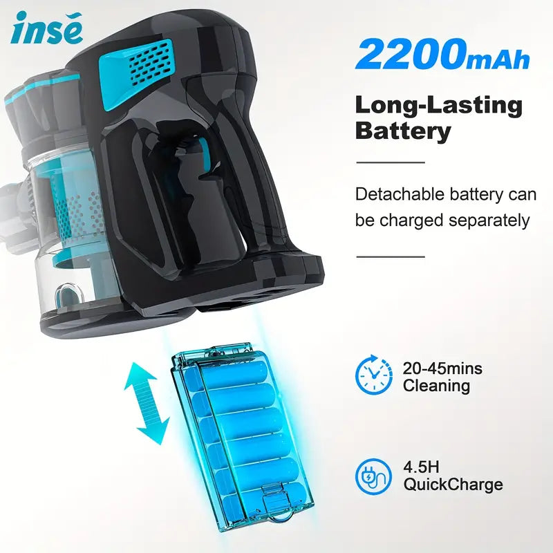 INSE Cordless Vacuum Cleaner - 6-in-1 Rechargeable Stick Vacuum, 45min Runtime, Lightweight 2200mAh Battery Vacuum, Ultra-Quiet, Multifunctional Vacuum Cleaner for Home Pet Hair Hard Floor Car