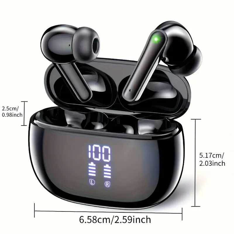 Black Wireless Earbuds - 36 Hours Playback Noise Cancellation Wireless Headphone Clear Call With LED Display Charging Case Lightweight Built-in Microphone Earphones For Workout Sports